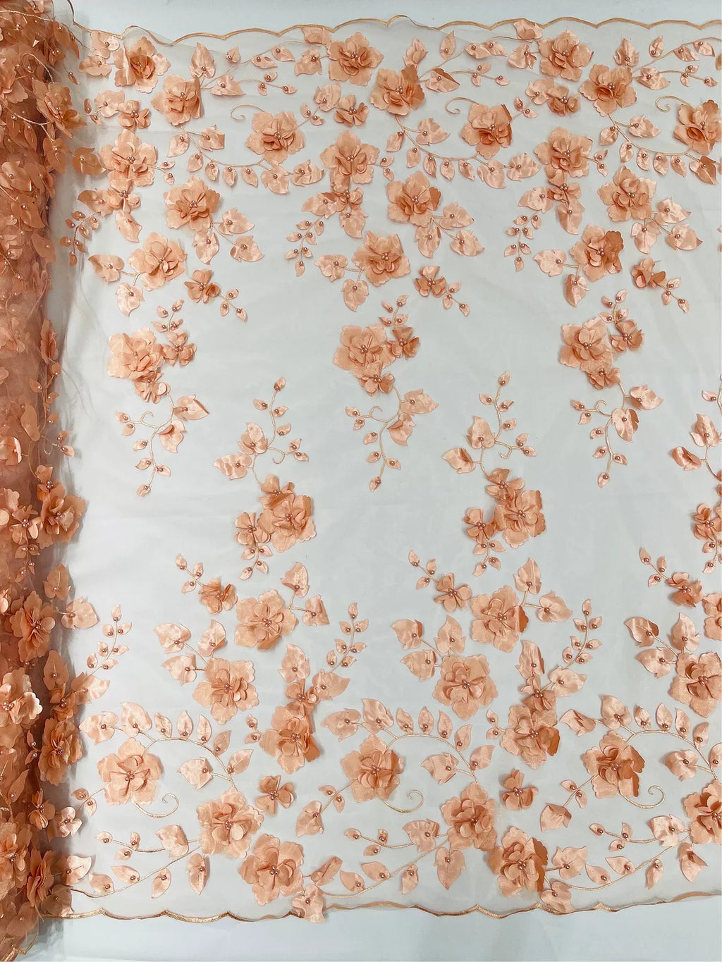 3D Floral Pearl Fabric - Peach - Embroidered Floral Pearl Fabric Double Border On Mesh By Yard