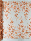 3D Floral Pearl Fabric - Peach - Embroidered Floral Pearl Fabric Double Border On Mesh By Yard