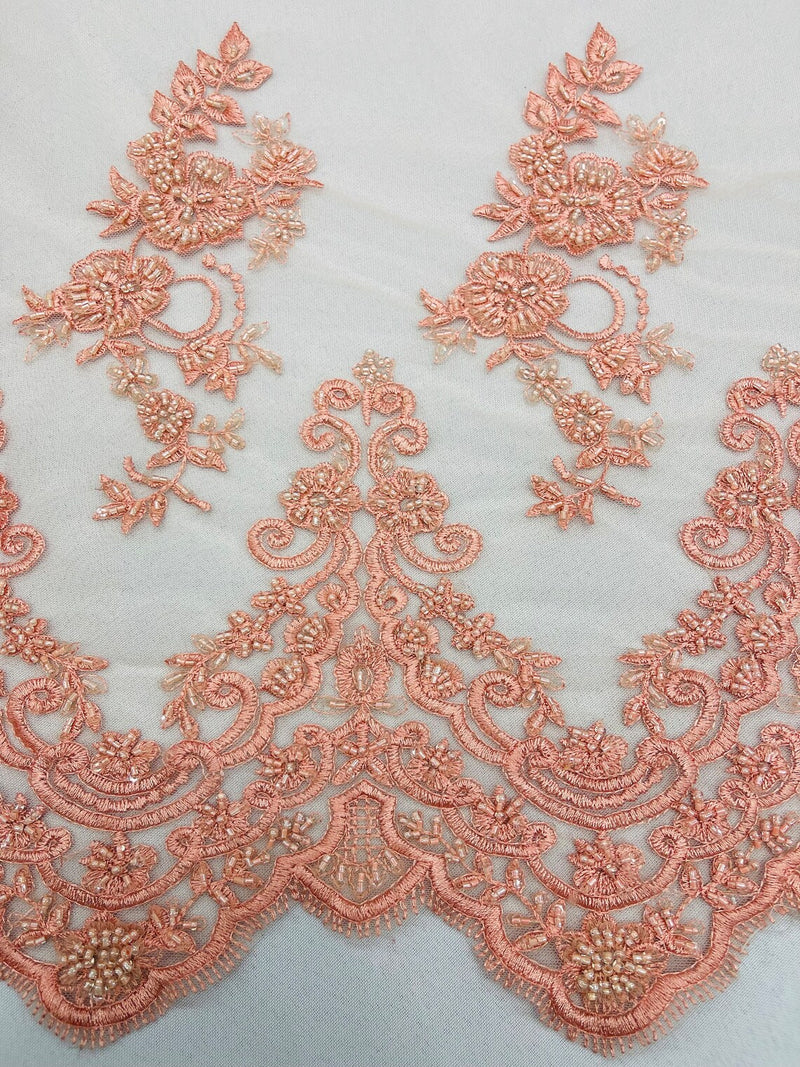 Beaded Floral Fabric - Peach - Embroidered Flower Cluster Beaded Fabric Sold By Yard