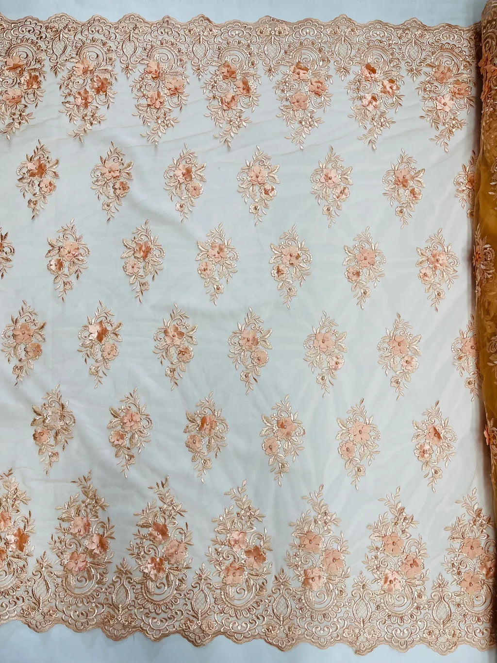 3D Fancy Floral Design Fabric - Peach - 3D Flower Fabric with Small Beads on Lace Sold By Yard
