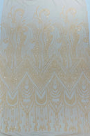 Zig Zag Design Sequins - Peach - 4 Way Stretch Embroidered Zig Zag Sequins Lace Fabric By The Yard