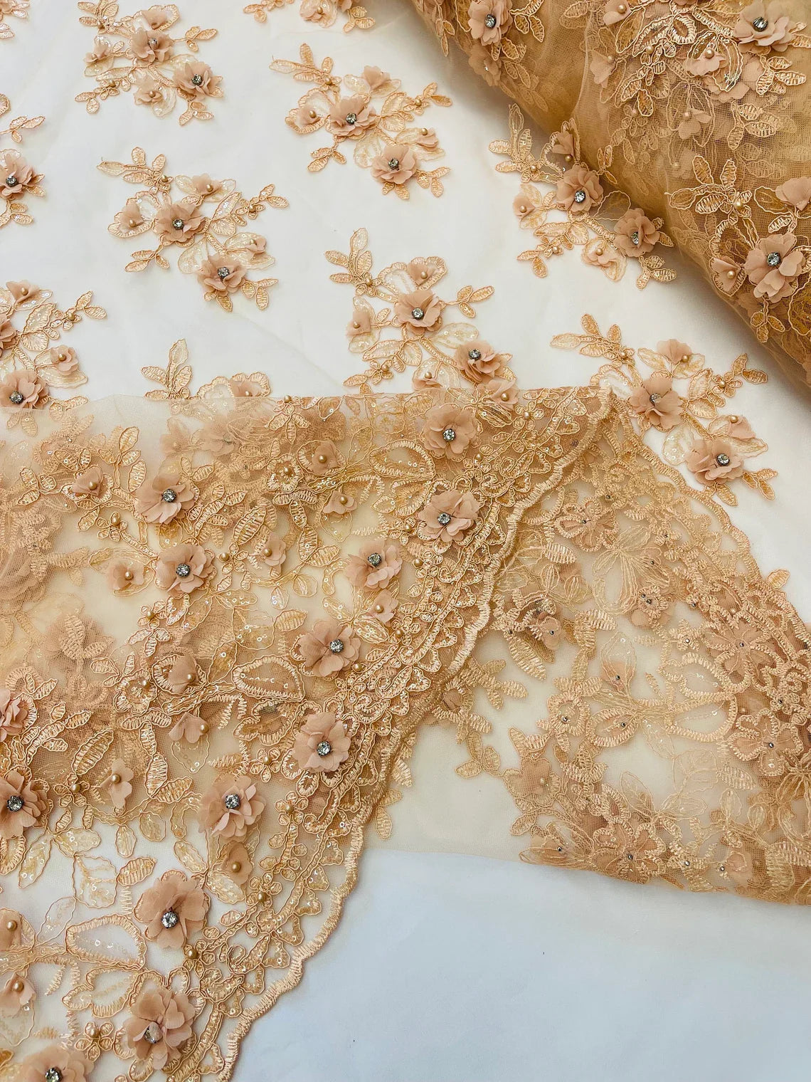3D Embroidered Floral Fabric - Peach - 3D Rhinestone and Sequins Floral Fabric Sold By Yard