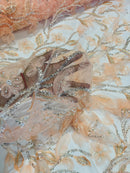 3D Tulle Flower Bead Fabric - Peach - Mesh Flower Plant Design with Beads By Yard