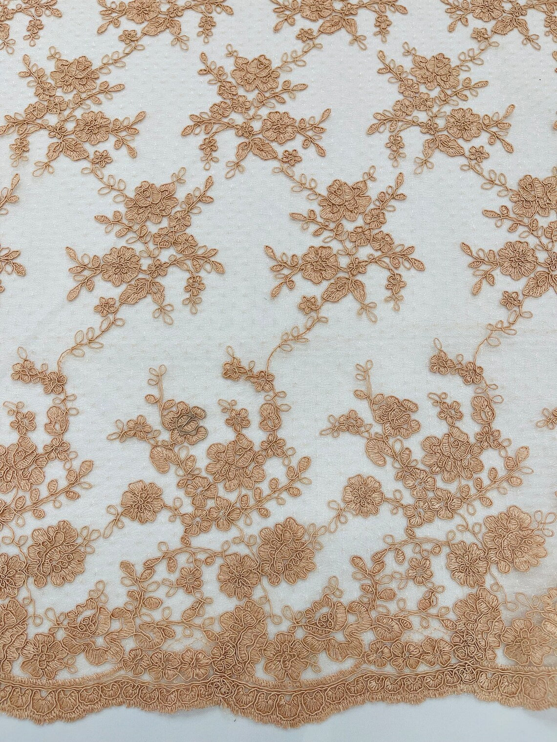 Embroidered Corded Lace Fabric - Peach - Cluster Fancy Flower Embroidered Lace Fabric By Yard