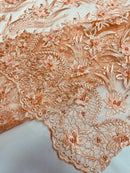 3D Floral Leaf Panels - Peach - Embroidered 3D Flower Lines with Pearls on Lace By Yard