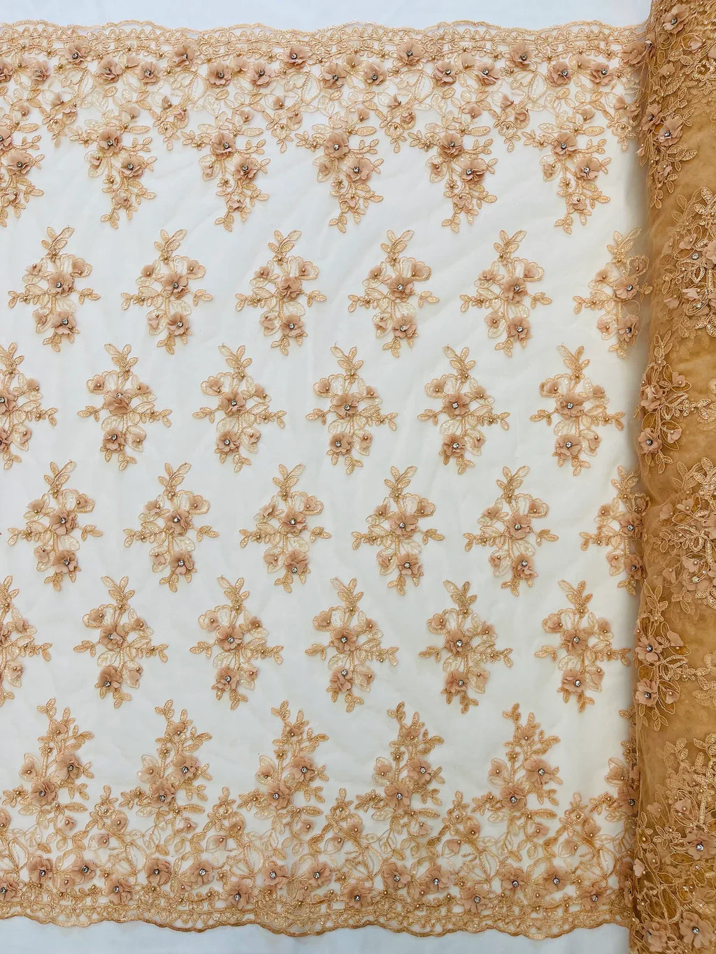 3D Embroidered Floral Fabric - Peach - 3D Rhinestone and Sequins Floral Fabric Sold By Yard