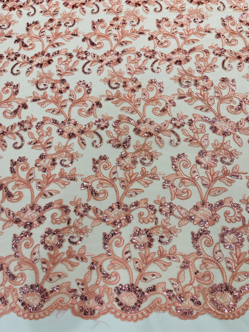 Corded Sequin Floral Fabric - Peach - Embroidery Design With Sequins on a Mesh Lace Fabric Sold By Yard