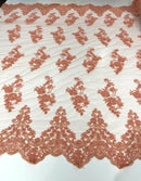 Beaded Floral Fabric - Peach - Embroidered Flower Cluster Beaded Fabric Sold By Yard