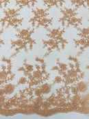 Embroidered Corded Lace Fabric - Peach - Cluster Fancy Flower Embroidered Lace Fabric By Yard