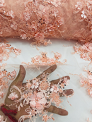 3D Flower Sequins Design - Peach - Embroidered Pearl Sequins Floral Clusters Lace Fabric By Yard
