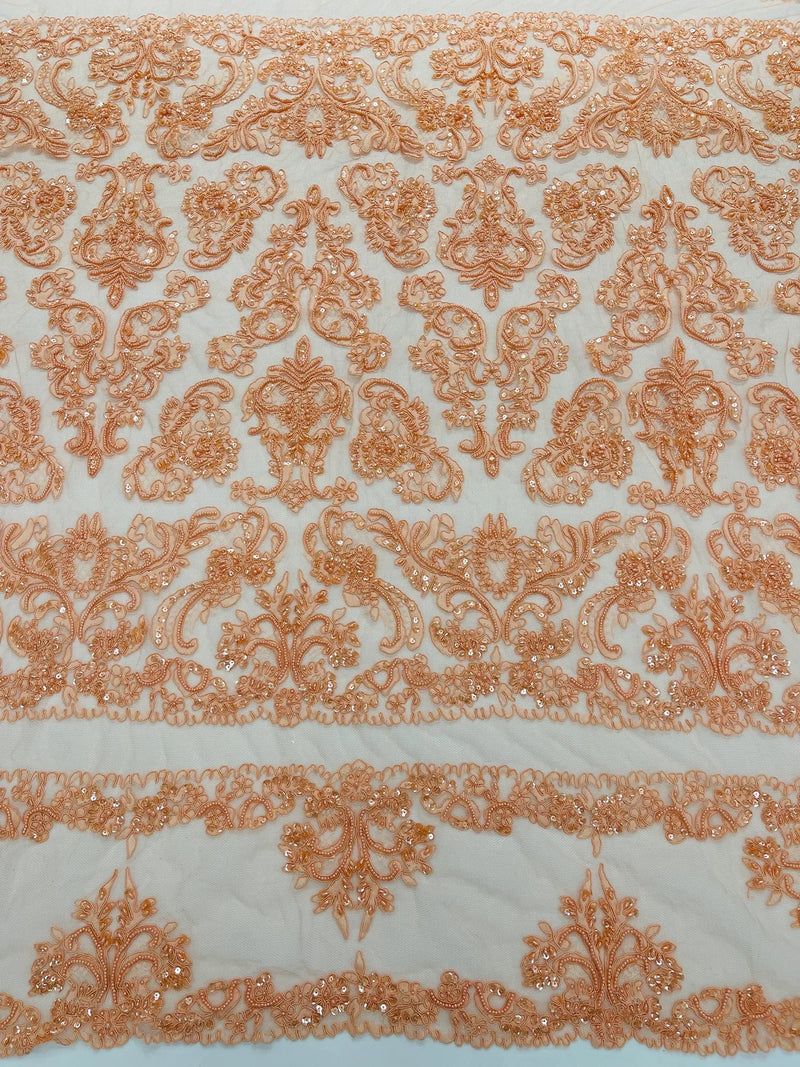 Beaded My Lady Damask Design - Peach - Beaded Fancy Damask Embroidered Fabric By Yard