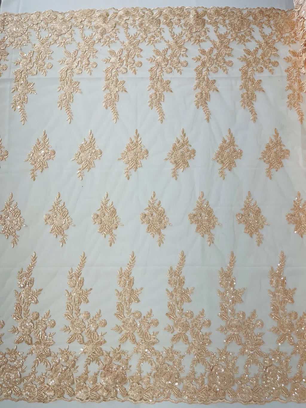 Beaded Rose Flower Fabric - Peach - Embroidered Beaded Long Border Floral Fabric By Yard