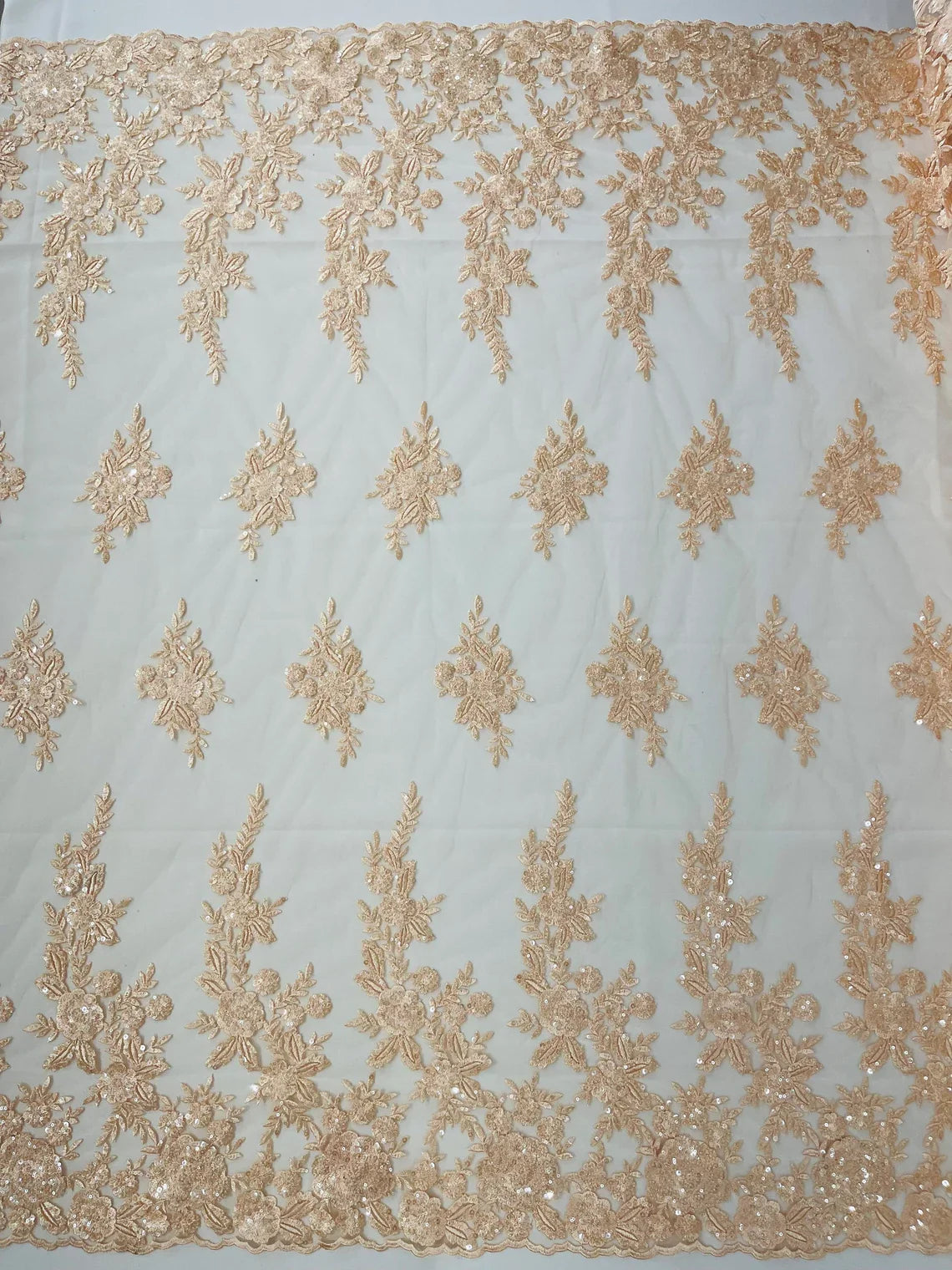 Beaded Rose Flower Fabric - Peach - Embroidered Beaded Long Border Floral Fabric By Yard