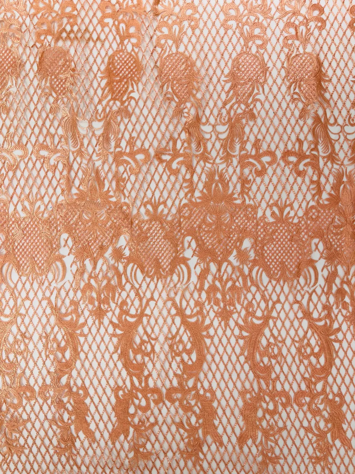 Damask on Net Lace Fabric - Peach - Embroidered Lace Mesh Damask Design Fabric by Yard