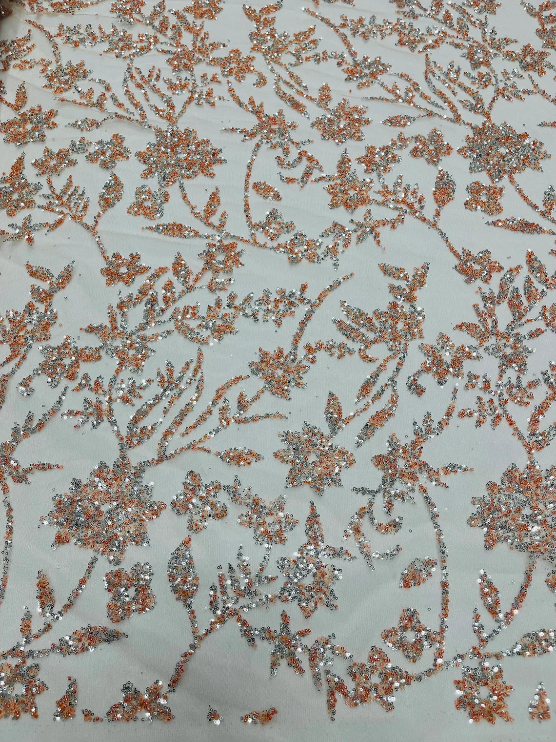Floral Silver Beaded Fabric - Peach - Flower Design with Silver Beads and Sequins on Lace by Yard