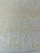 Zig Zag Design Sequins - Peach - 4 Way Stretch Embroidered Zig Zag Sequins Lace Fabric By The Yard