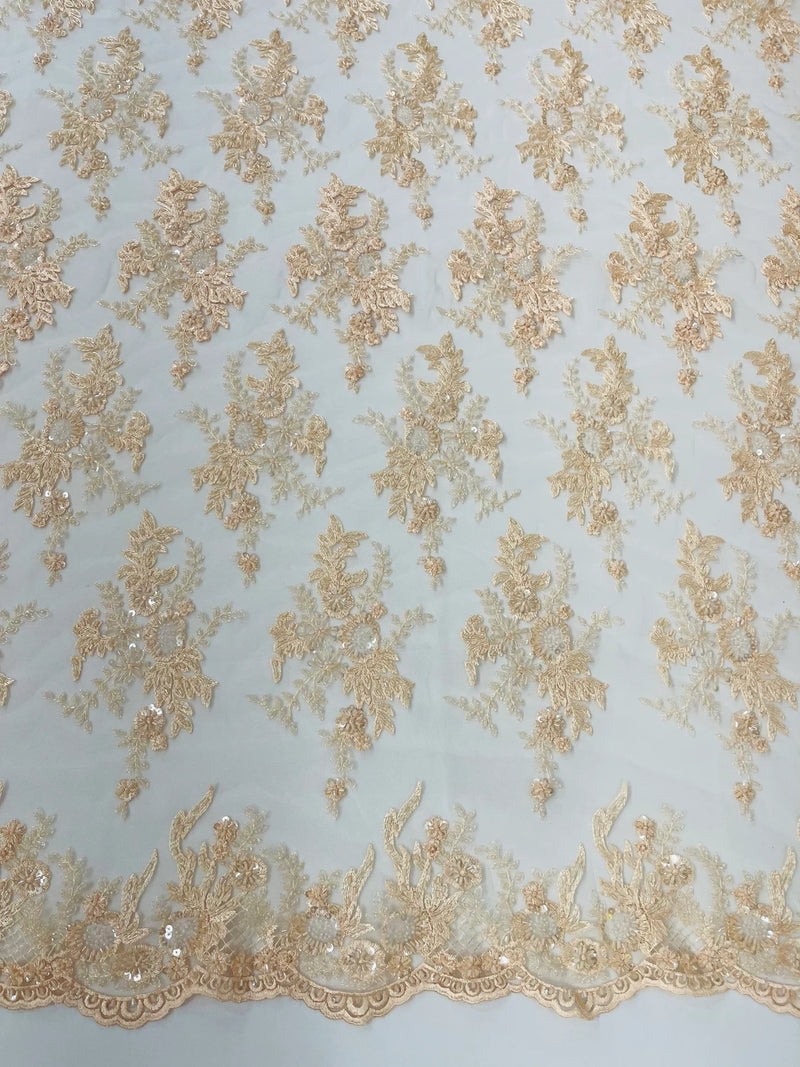 Beaded Flower Sequins Fabric - Peach - Embroidered Beaded Floral Clusters Sequins Fabric By Yard