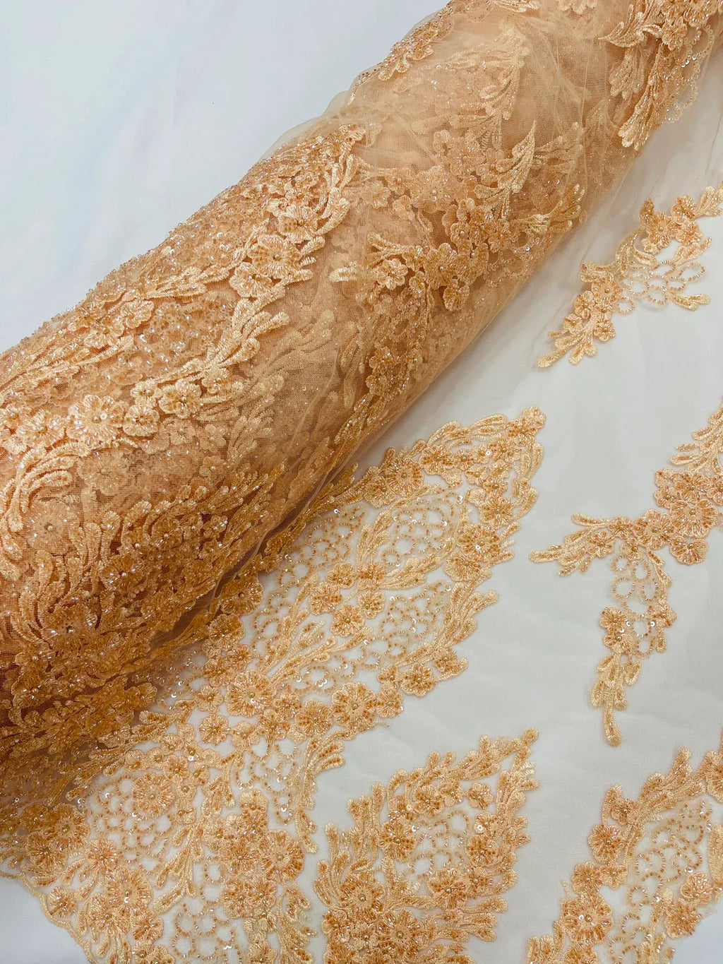 Heavy Bead Floral Fabric - Peach - Beaded Flower Design Fabric Fancy Border By Yard