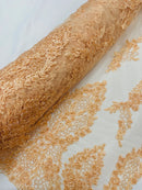 Heavy Bead Floral Fabric - Peach - Beaded Flower Design Fabric Fancy Border By Yard