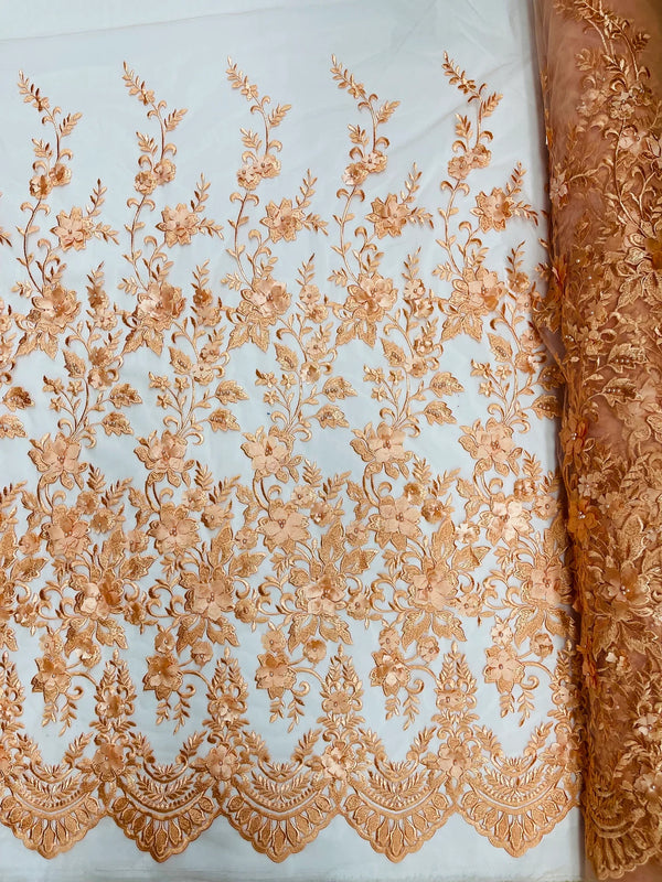 3D Scalloped Border Fabric - Peach - 3D Flowers Embroidered on Lace Sold By Yard