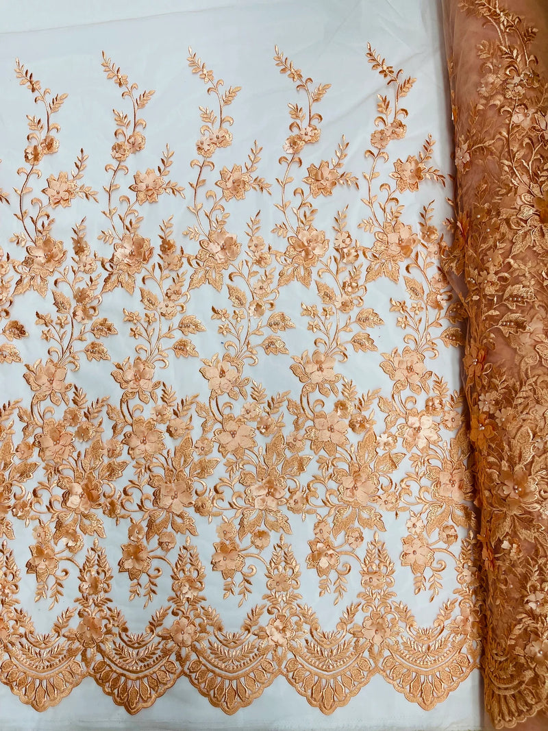 3D Scalloped Border Fabric - Peach - 3D Flowers Embroidered on Lace Sold By Yard