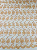 Embroidered Flower Fabric - Peach - Floral Design Scalloped Border Fabric By Yard