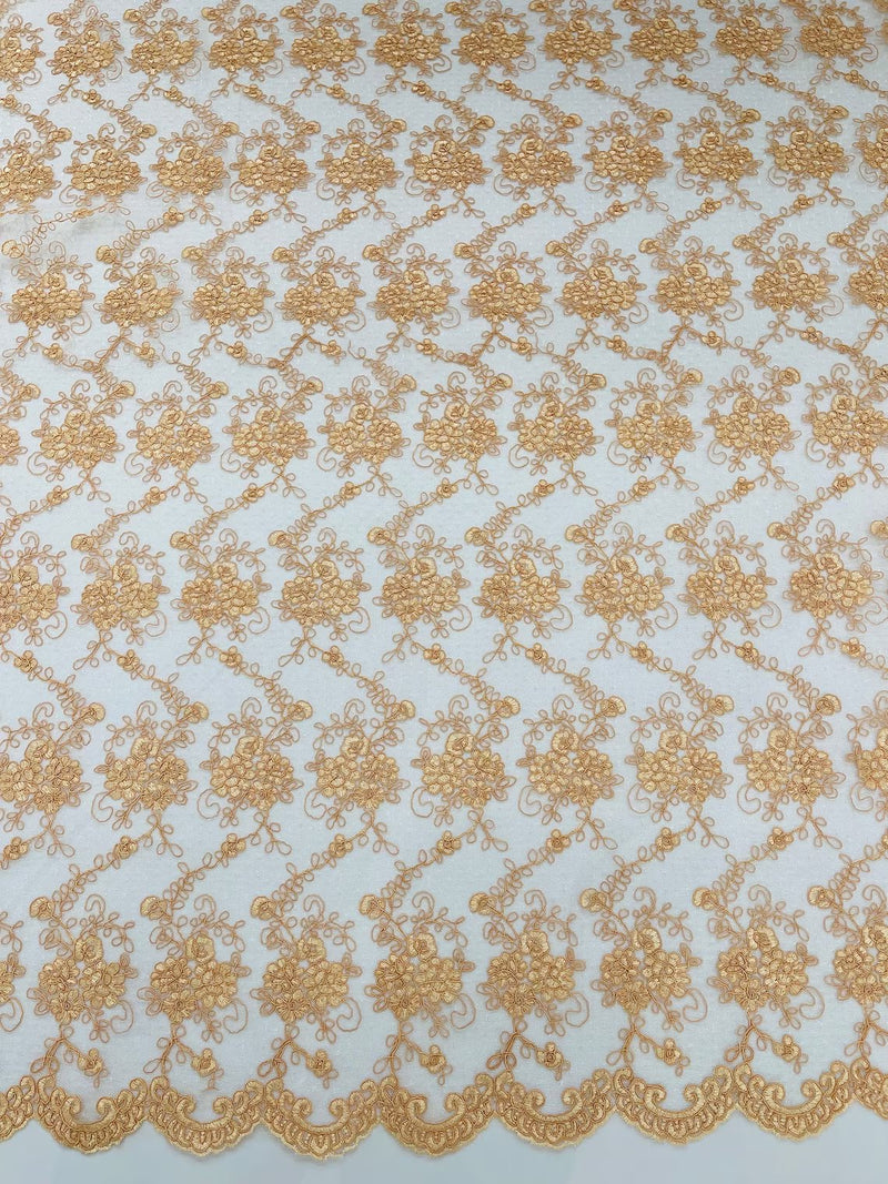 Embroidered Flower Fabric - Peach - Floral Design Scalloped Border Fabric By Yard