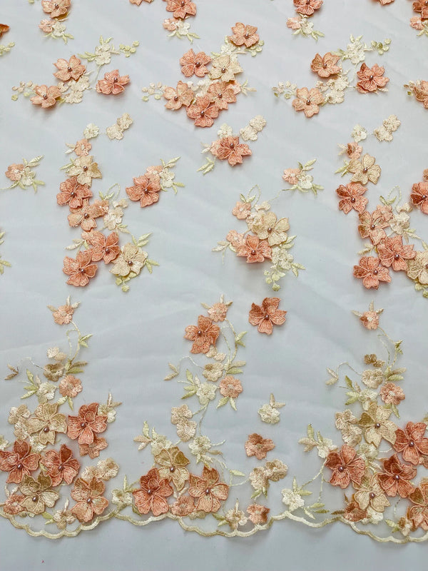Multi-Color 3D Flower Fabric - Peach - Multi-Tone 3D Flower Lace Fabrics Sold By Yard