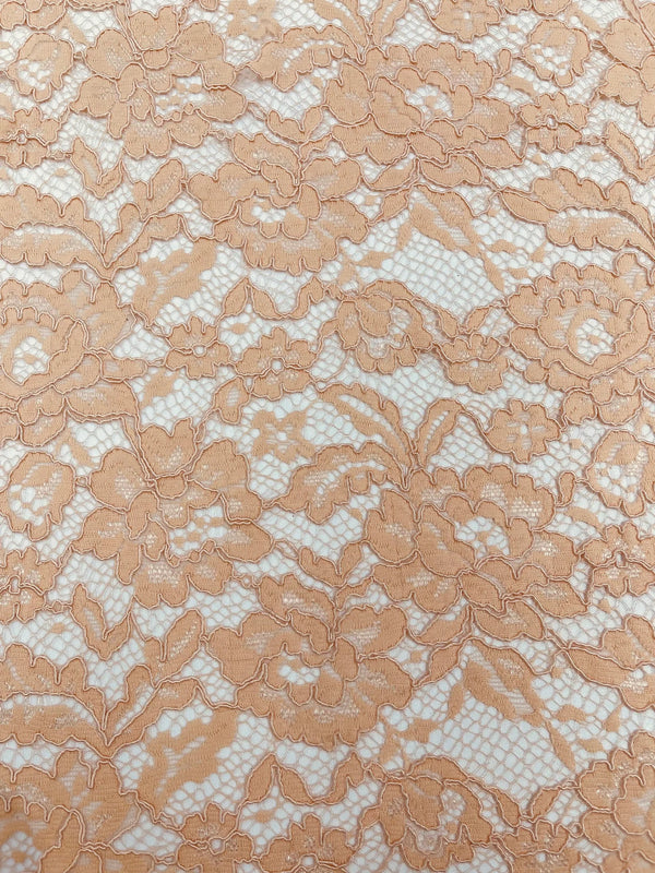 Corded Lace Fabric - Peach - Embroidered Flower Design Lace Fabric Sold By Yard