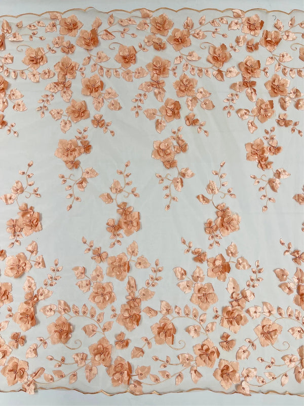 3D Floral Pearl Fabric - Peach - Embroidered Floral Pearl Fabric Double Border On Mesh By Yard
