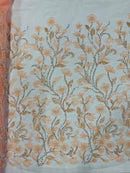 3D Tulle Flower Bead Fabric - Peach - Mesh Flower Plant Design with Beads By Yard