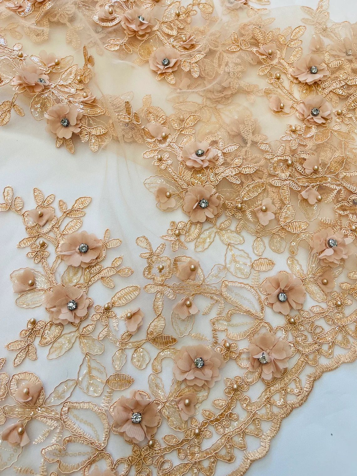 3D Embroidered Floral Fabric - Peach - 3D Rhinestone and Sequins Floral Fabric Sold By Yard