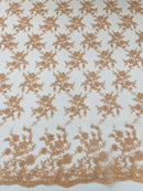 Embroidered Corded Lace Fabric - Peach - Cluster Fancy Flower Embroidered Lace Fabric By Yard