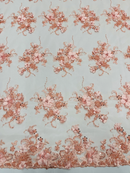 3D Flower Sequins Design - Peach - Embroidered Pearl Sequins Floral Clusters Lace Fabric By Yard