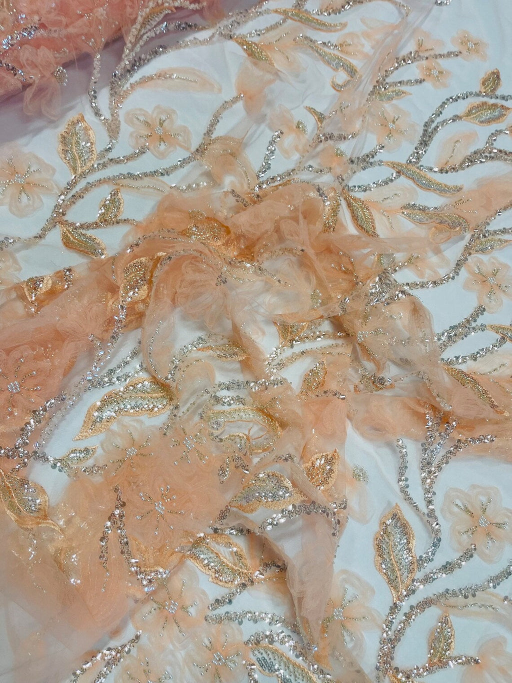 3D Tulle Flower Bead Fabric - Peach - Mesh Flower Plant Design with Beads By Yard