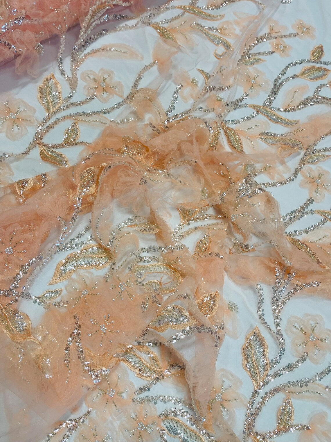 3D Tulle Flower Bead Fabric - Peach - Mesh Flower Plant Design with Beads By Yard