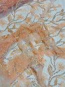 3D Tulle Flower Bead Fabric - Peach - Mesh Flower Plant Design with Beads By Yard