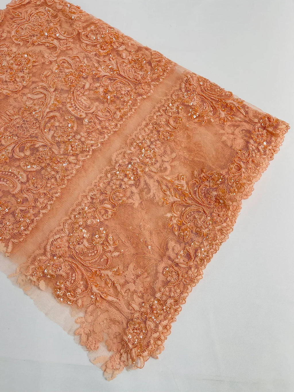 Beaded My Lady Damask Design - Peach - Beaded Fancy Damask Embroidered Fabric By Yard
