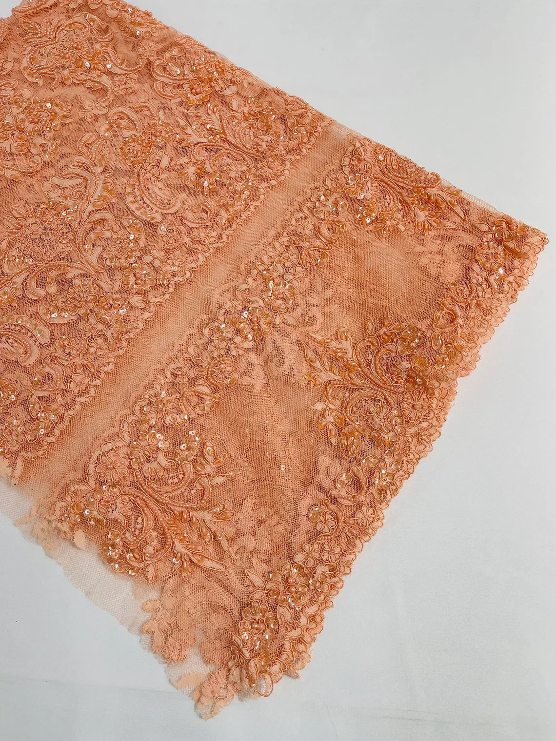 Beaded My Lady Damask Design - Peach - Beaded Fancy Damask Embroidered Fabric By Yard