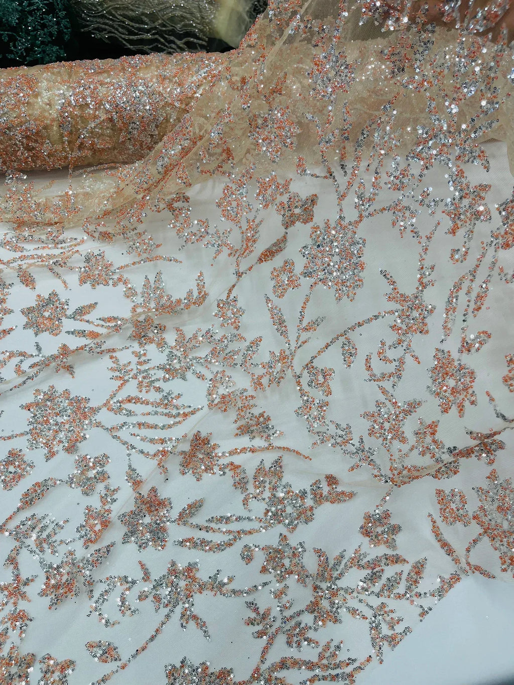 Floral Silver Beaded Fabric - Peach - Flower Design with Silver Beads and Sequins on Lace by Yard