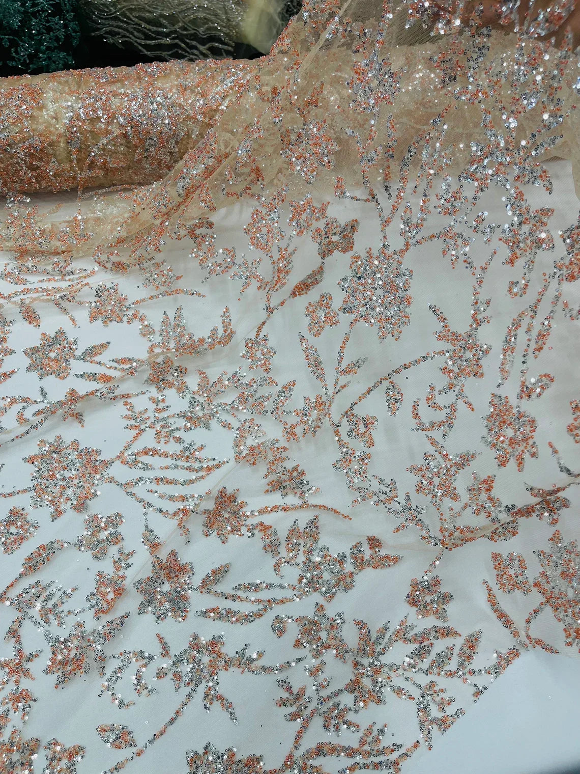 Floral Silver Beaded Fabric - Peach - Flower Design with Silver Beads and Sequins on Lace by Yard