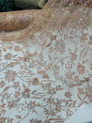 Floral Silver Beaded Fabric - Peach - Flower Design with Silver Beads and Sequins on Lace by Yard