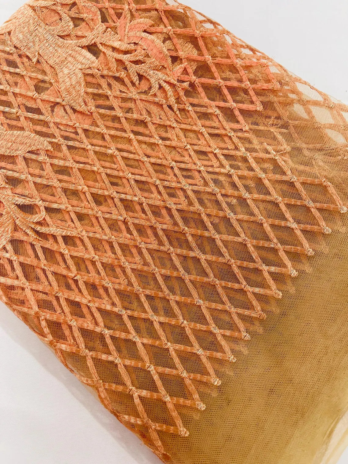 Damask on Net Lace Fabric - Peach - Embroidered Lace Mesh Damask Design Fabric by Yard
