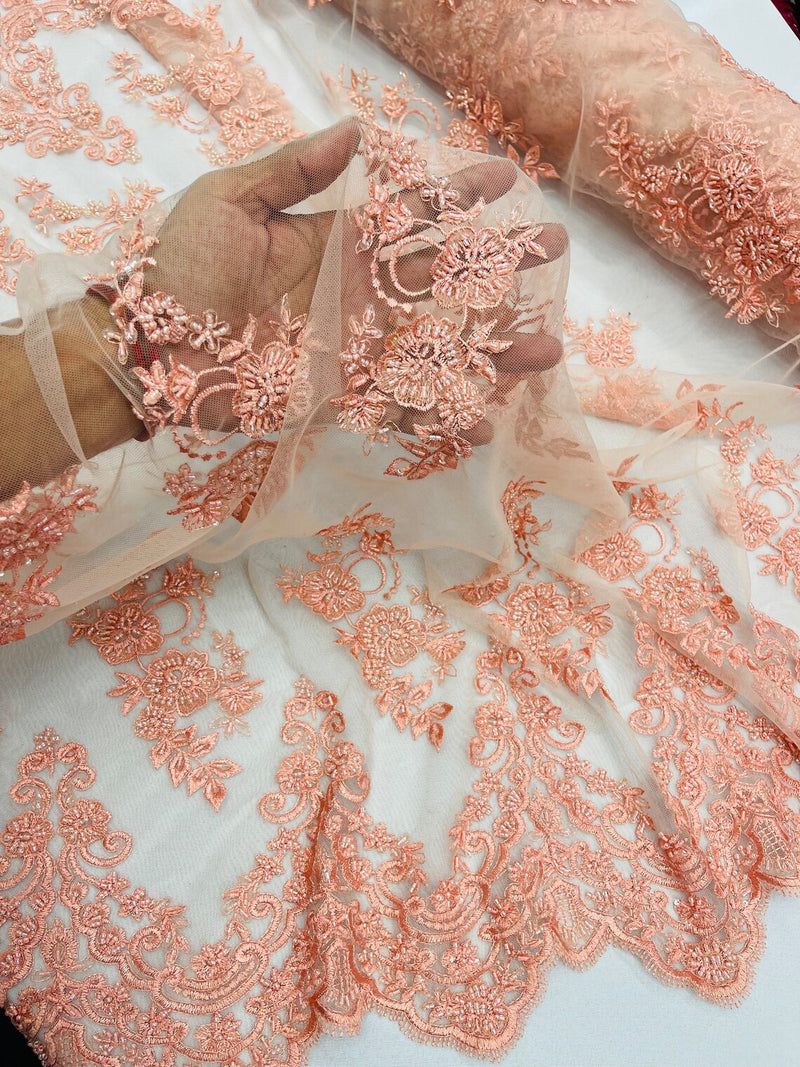 Beaded Floral Fabric - Peach - Embroidered Flower Cluster Beaded Fabric Sold By Yard