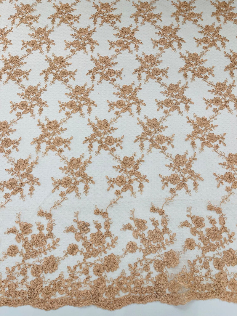 Embroidered Corded Lace Fabric - Peach - Cluster Fancy Flower Embroidered Lace Fabric By Yard