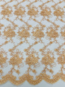 Embroidered Flower Fabric - Peach - Floral Design Scalloped Border Fabric By Yard