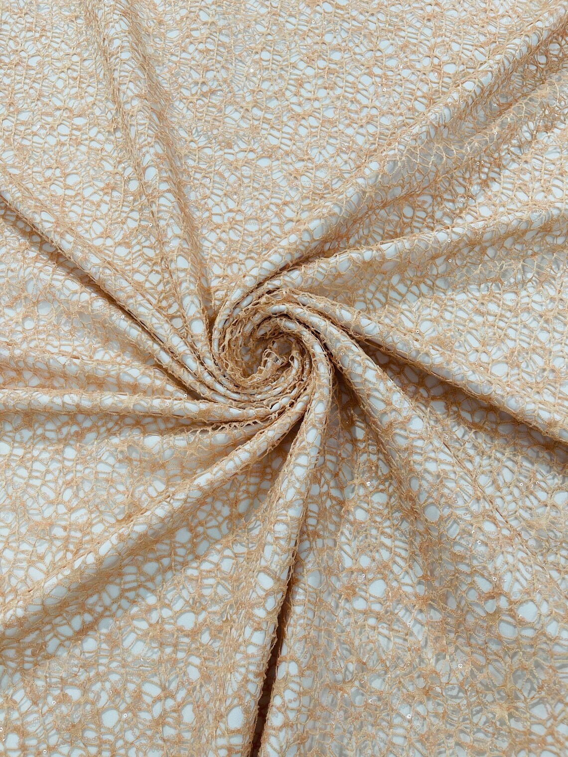 Cast Net Sequins Fabric - Peach - Embroidery Fish Net Design Sequins Lace Fabric By Yard