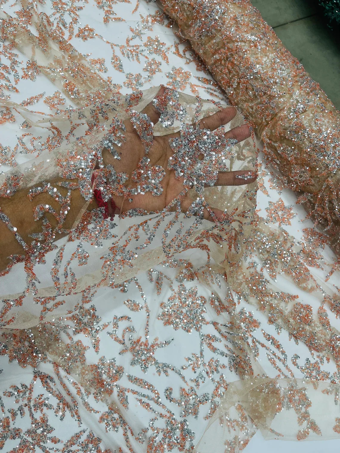 Floral Silver Beaded Fabric - Peach - Flower Design with Silver Beads and Sequins on Lace by Yard