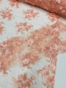 3D Flower Sequins Design - Peach - Embroidered Pearl Sequins Floral Clusters Lace Fabric By Yard