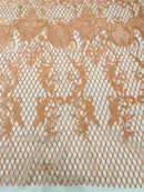 Damask on Net Lace Fabric - Peach - Embroidered Lace Mesh Damask Design Fabric by Yard